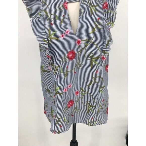 BCBGeneration Blue White Pinstripe Floral Embroidered High Neck Ruffle Top Small - Picture 7 of 12